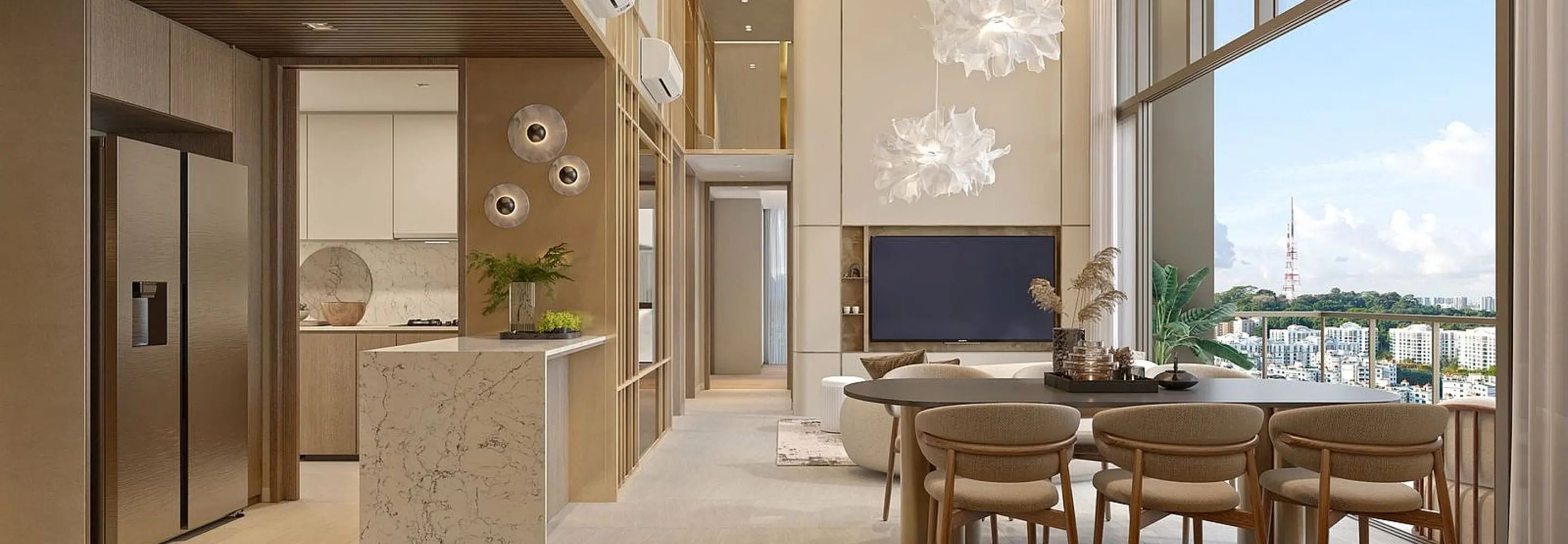 4 Bedroom Unit Interior: An elegant dining and living space with high ceilings, modern decor, and large windows with city views, designed with neutral colors and contemporary furniture.