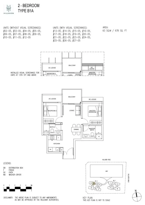 Floor plan layout of Hillhaven condo's 2-bedroom Type B1A unit, with detailed room configurations for bedrooms, living, dining, kitchen, and balcony.