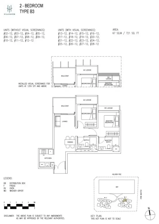 Architectural layout of Hillhaven condo's 2-bedroom Type B3 unit, showcasing the arrangement of bedrooms, kitchen, living, and dining spaces, along with the balcony.
