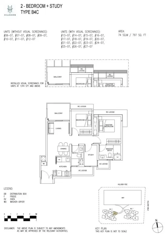 Hillhaven condo's floor plan for 2-bedroom + Study Type B4C unit, showing the spatial distribution of rooms, including bedrooms, a study, kitchen, living, and balcony.