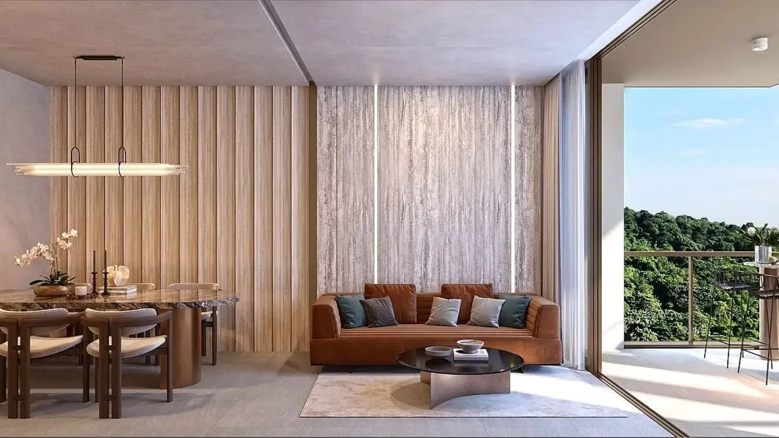 3 Bedroom Unit Interior: A stylish living room with textured walls and a brown couch, next to a dining area with wooden furniture, opening up to a balcony with forest views.
