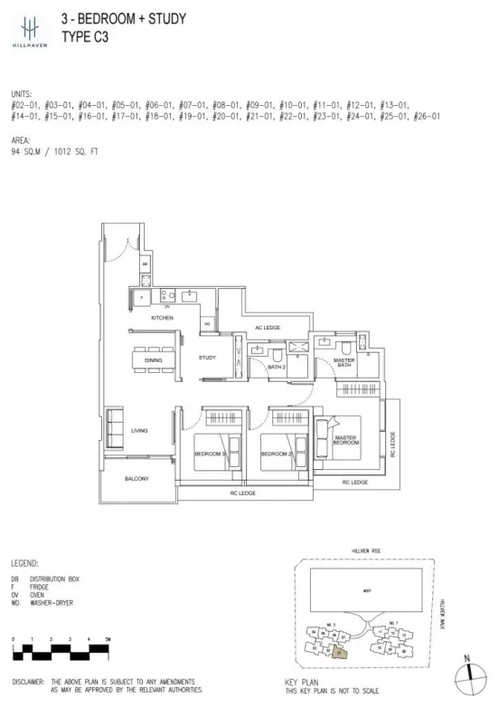 Architectural floor plan of Hillhaven condo's 3-bedroom + Study Type C3 unit, with detailed room configurations for bedrooms, study, living area, dining, and balcony.