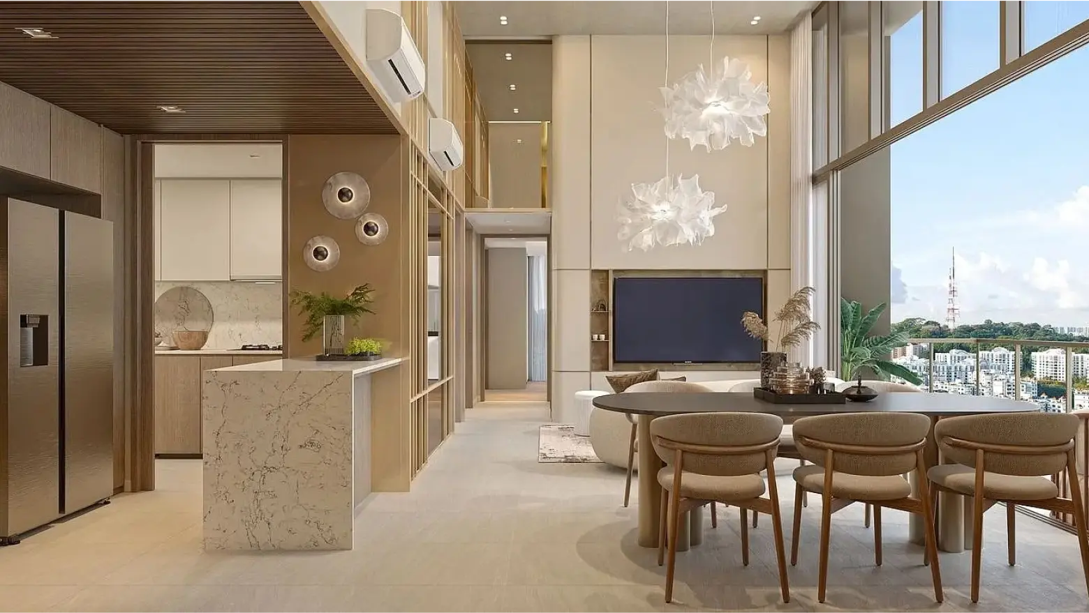 4 Bedroom Unit Interior: An elegant dining and living space with high ceilings, modern decor, and large windows with city views, designed with neutral colors and contemporary furniture.