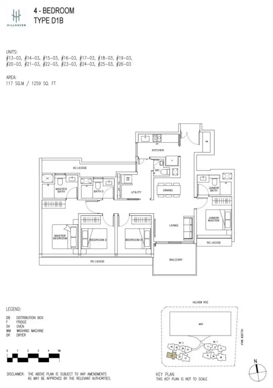 Hillhaven condo floor plan for 4-bedroom Type D1B unit, showing room configurations including bedrooms, living, dining, kitchen, and balcony.