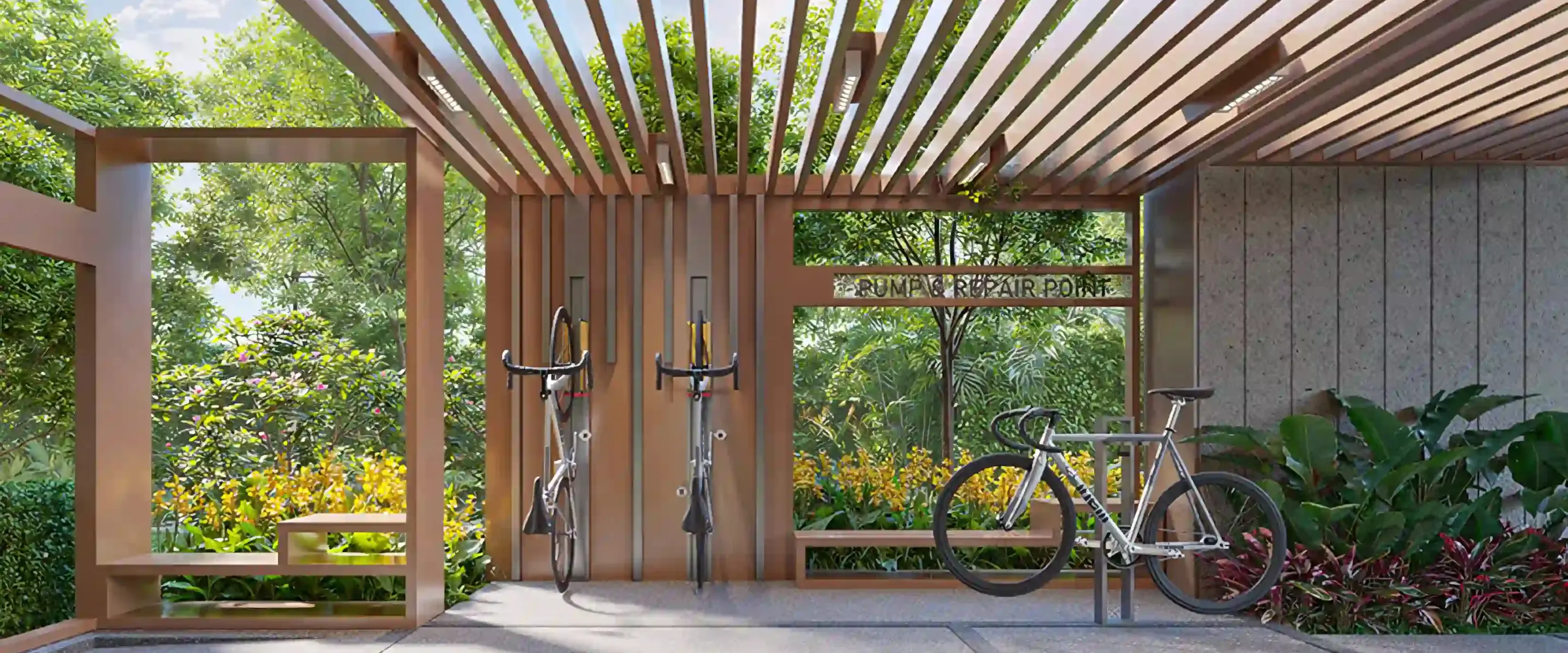 Bicycle Repair Station: A well-equipped bicycle repair station with wooden slats and surrounded by vibrant plants, offering a convenient spot for cyclists to maintain their bikes within Hillhaven’s natural setting.