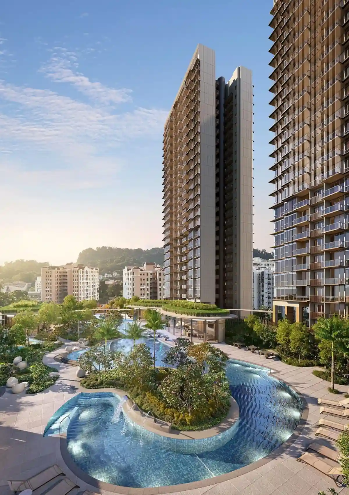 Hillhaven Towers Exterior: A view of the grand Hillhaven towers, standing tall against a bright sky, with lush landscaping at the base and a pool area surrounded by greenery, creating a blend of urban living and nature.
