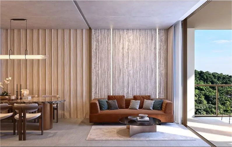 3 Bedroom Unit Interior: A stylish living room with textured walls and a brown couch, next to a dining area with wooden furniture, opening up to a balcony with forest views.
