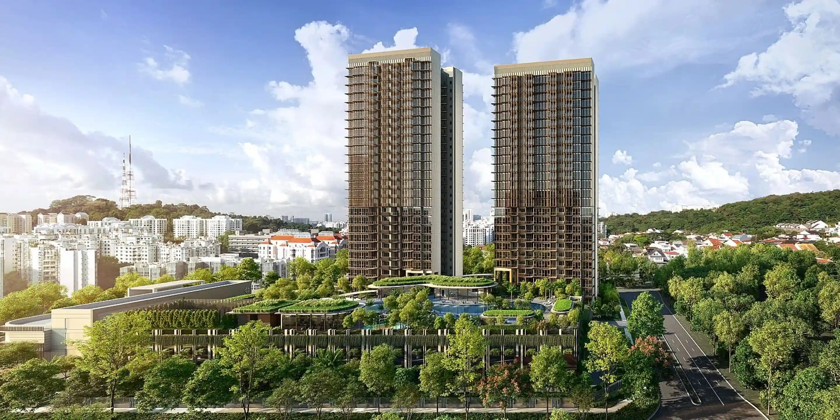 Panoramic View of Hillhaven Towers: A wide view of Hillhaven’s towers, set against a backdrop of greenery and nearby cityscapes, offering a sense of the building’s stature and beautiful location.